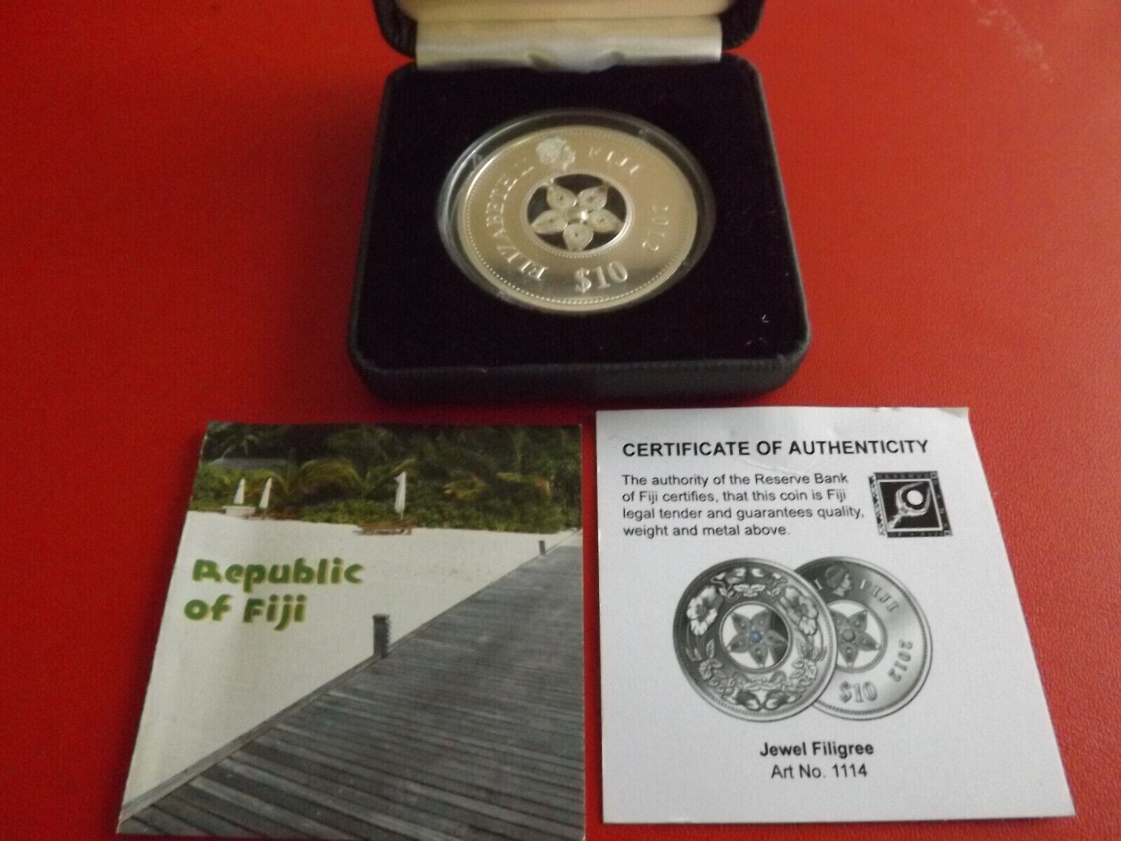 Rare 2012 Fiji Large Silver Proof $10 Filigree Flower w cubic zirconia/Box