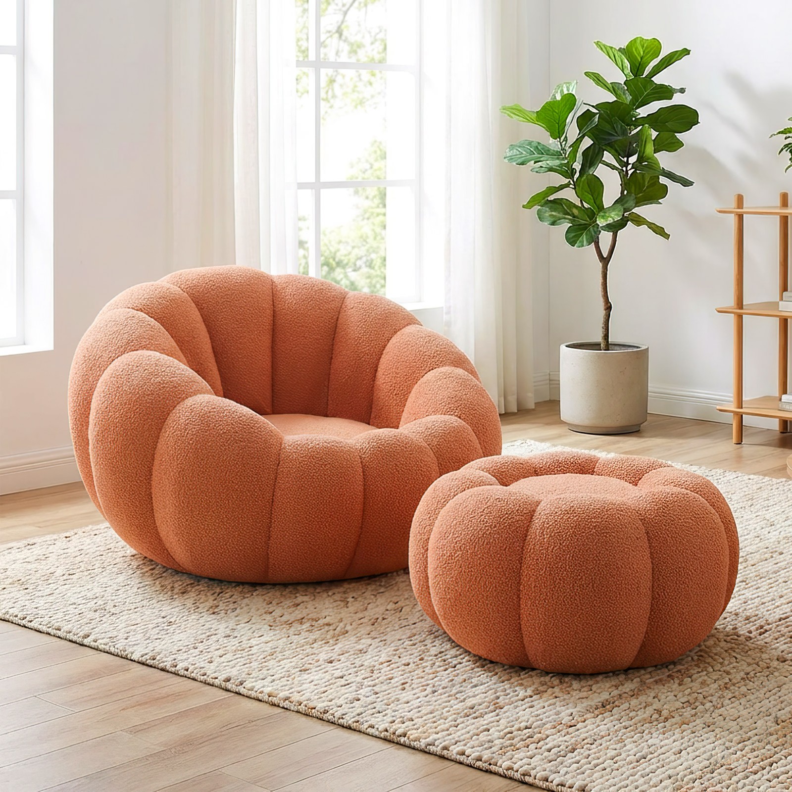 Pumpkin Shape Lounge Chair & Footstool - Brown