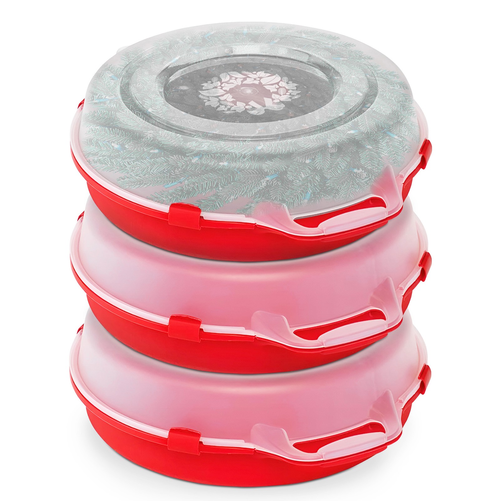 Homz 24 Inch Seasonal Holiday Christmas Plastic Wreath Storage Box, Red Set of 3