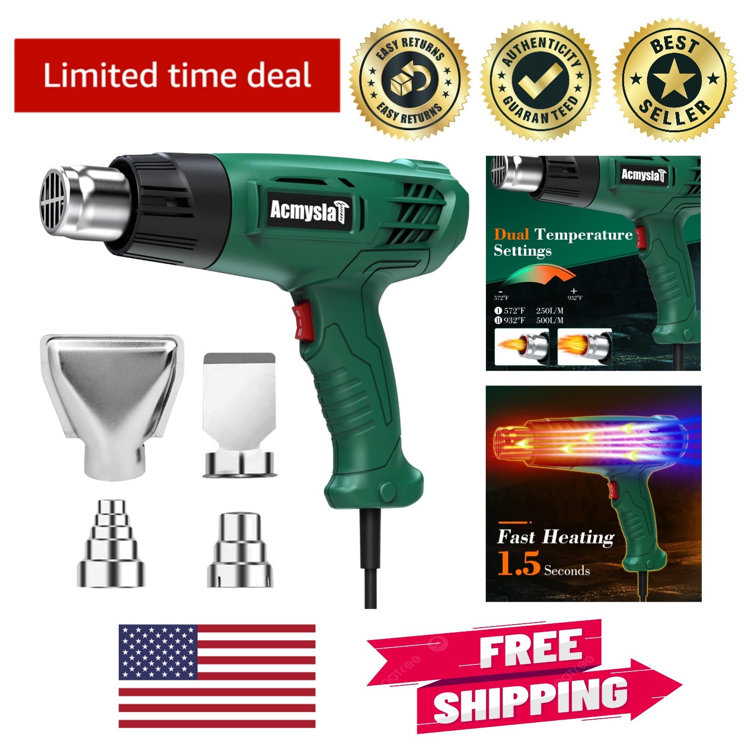 Professional Hot Air Gun Kit - Overload Protection & 4 Nozzles for Versatile Use
