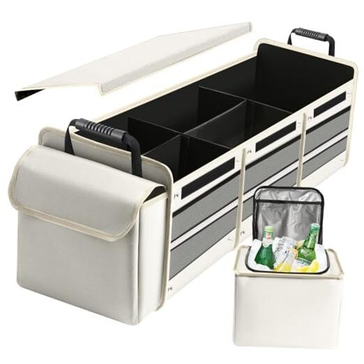 Car Trunk Organizer with Insulated Leakproof Cooler Bag, 4 in 1 Beige