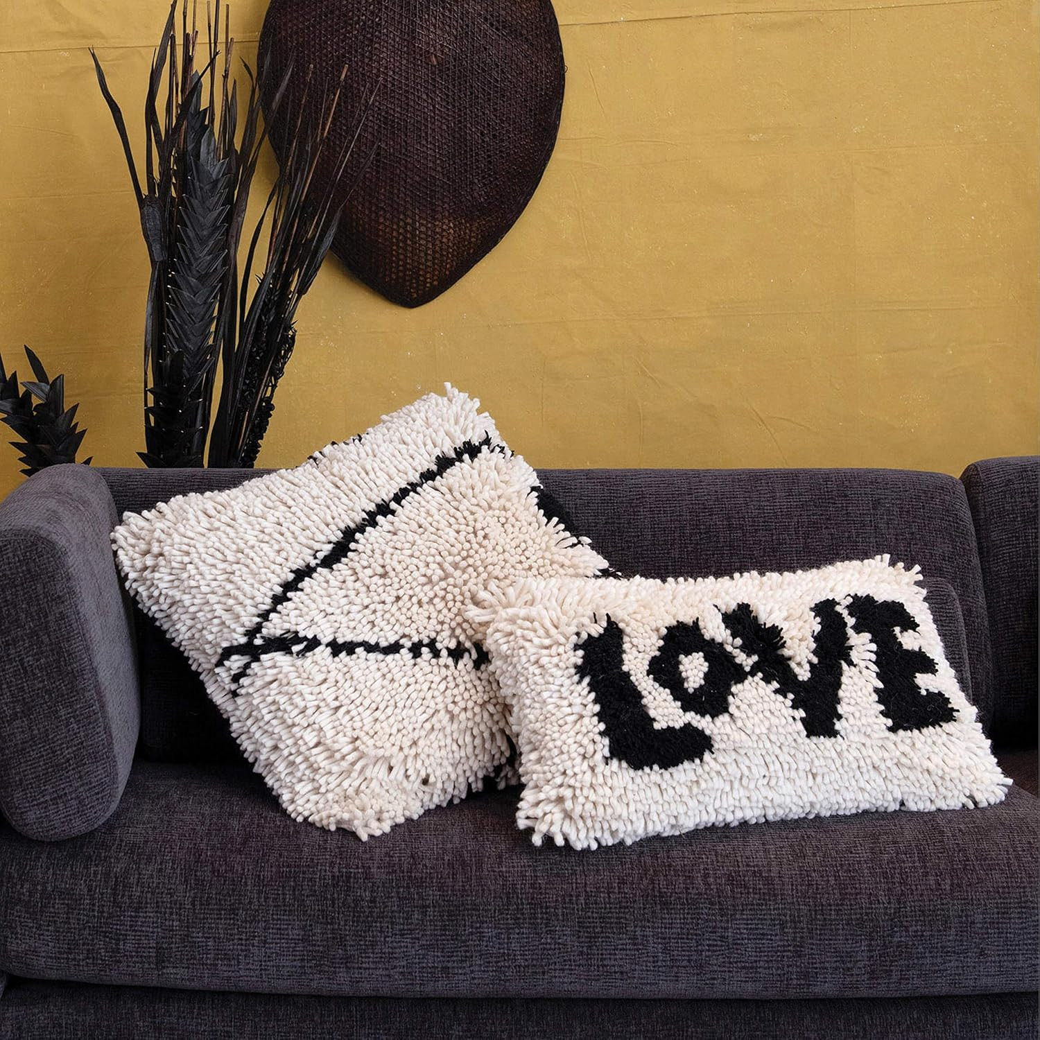 Woven Wool Shag Lumbar Pillow with Love Design, Black and Cream