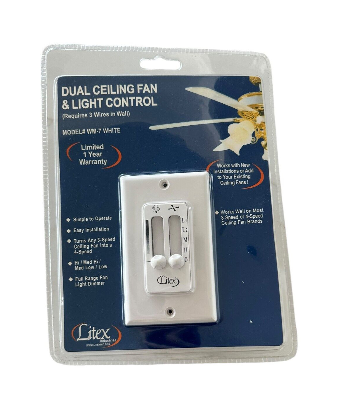 Litex Dual Ceiling Fan & Light Control with Dimmer Model WM-7 White New In Box