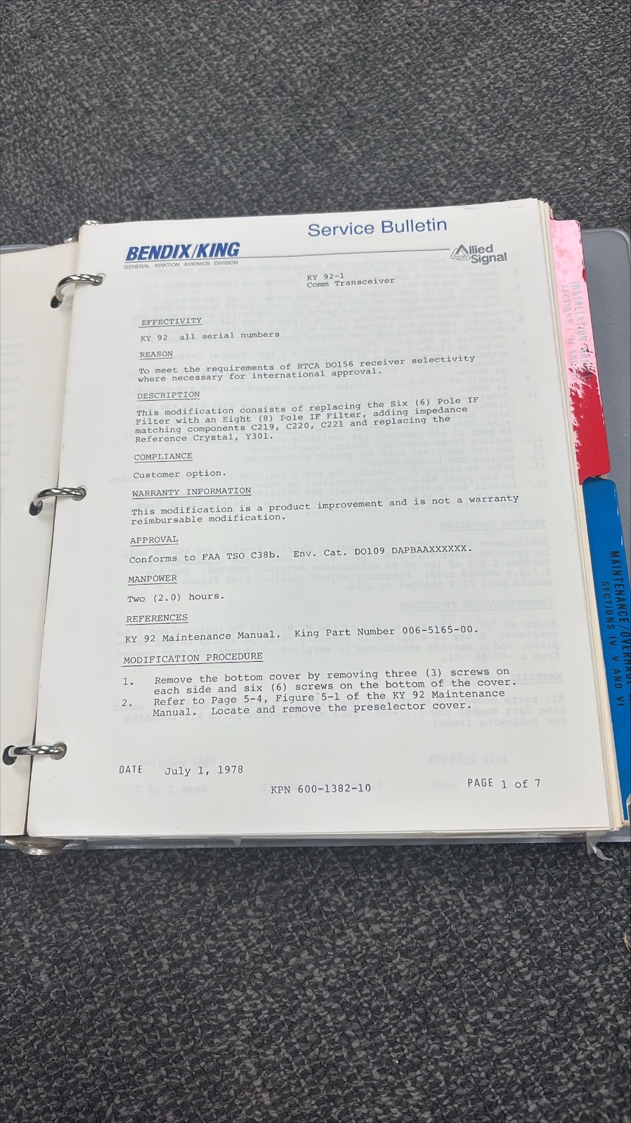 Bendix/King KY 92 VHF Comm 5165 Manual