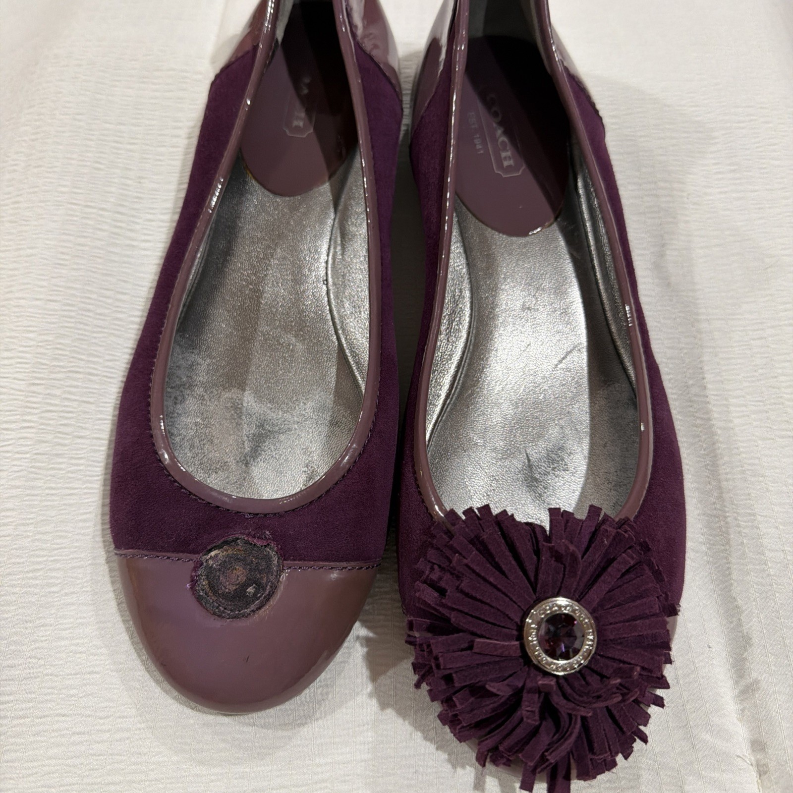 Coach Ballet Flats with Suede Upper Patent Leather Trim Flower Amputee - Flaw