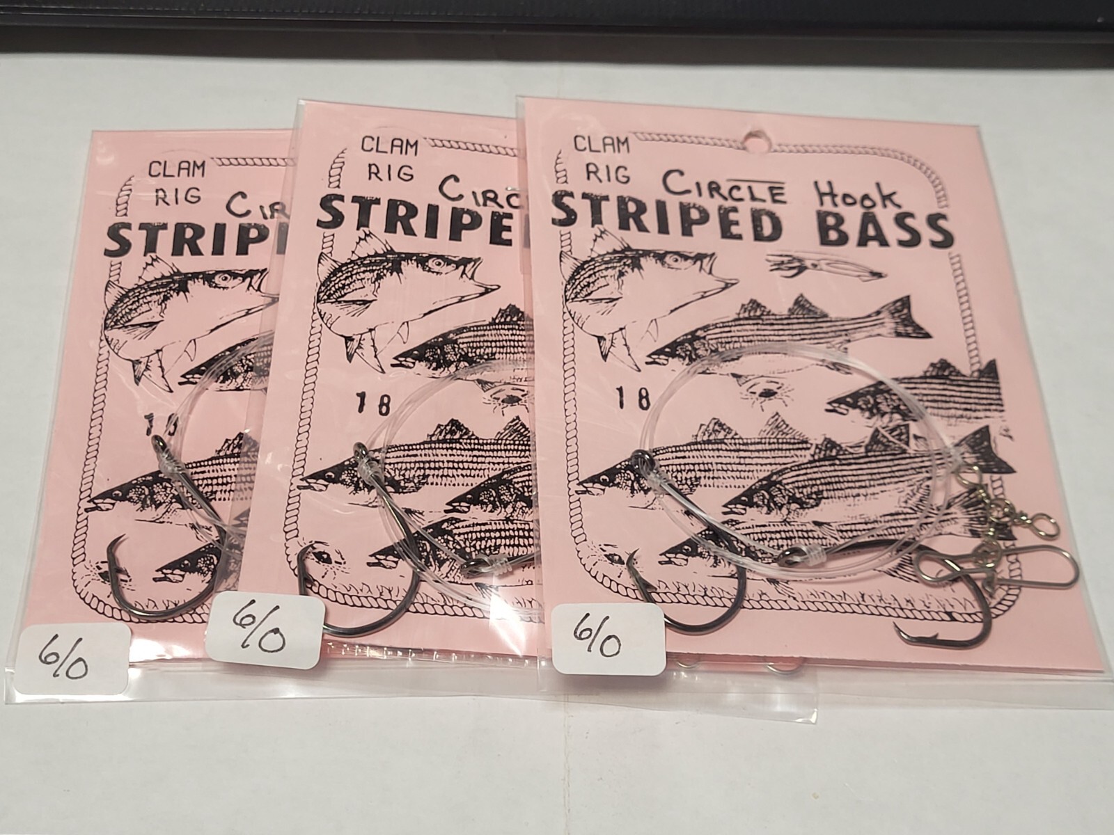 3 NJ Hand Tied TANDEM HOOK Striped Bass 6/0 Inline Circle Hook Bait Rigs
