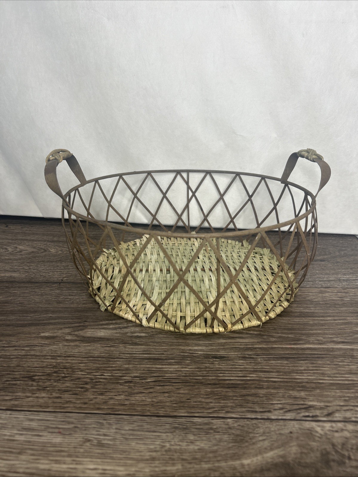 Metal  Wire Basket With Rattan Bottom & Rattan Handles Rustic Decor