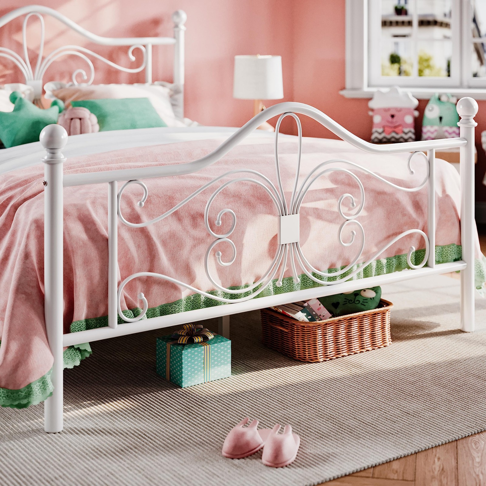 Queen Size Metal Bed Frame White Butterfly Pattern No Box Spring Needed