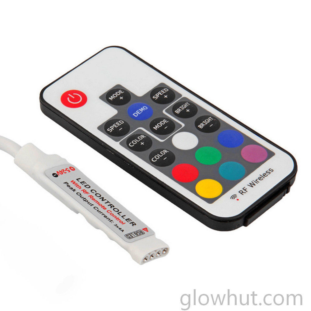 RGB LED light strip controller 17 key RF remote 12v 5v USB 9v battery connector