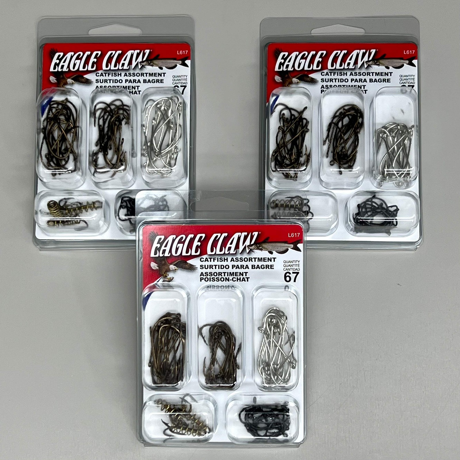 EAGLE CLAW (3 PACK) Wide Catfish Assortment Hooks Size Range From #4-1/0 67pc L6