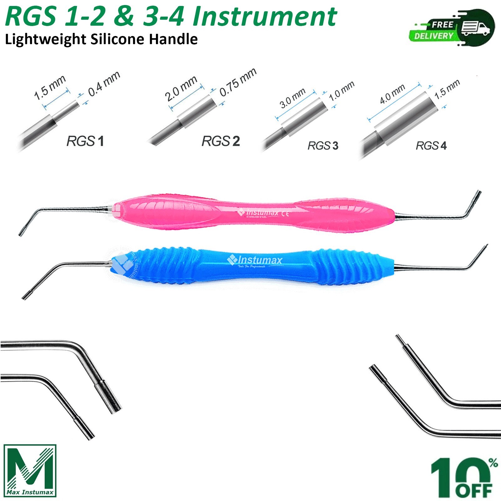 Dental Instrument RGS 1-2 / 3-4 Silicone Handle Depth Dimensions for Restoration