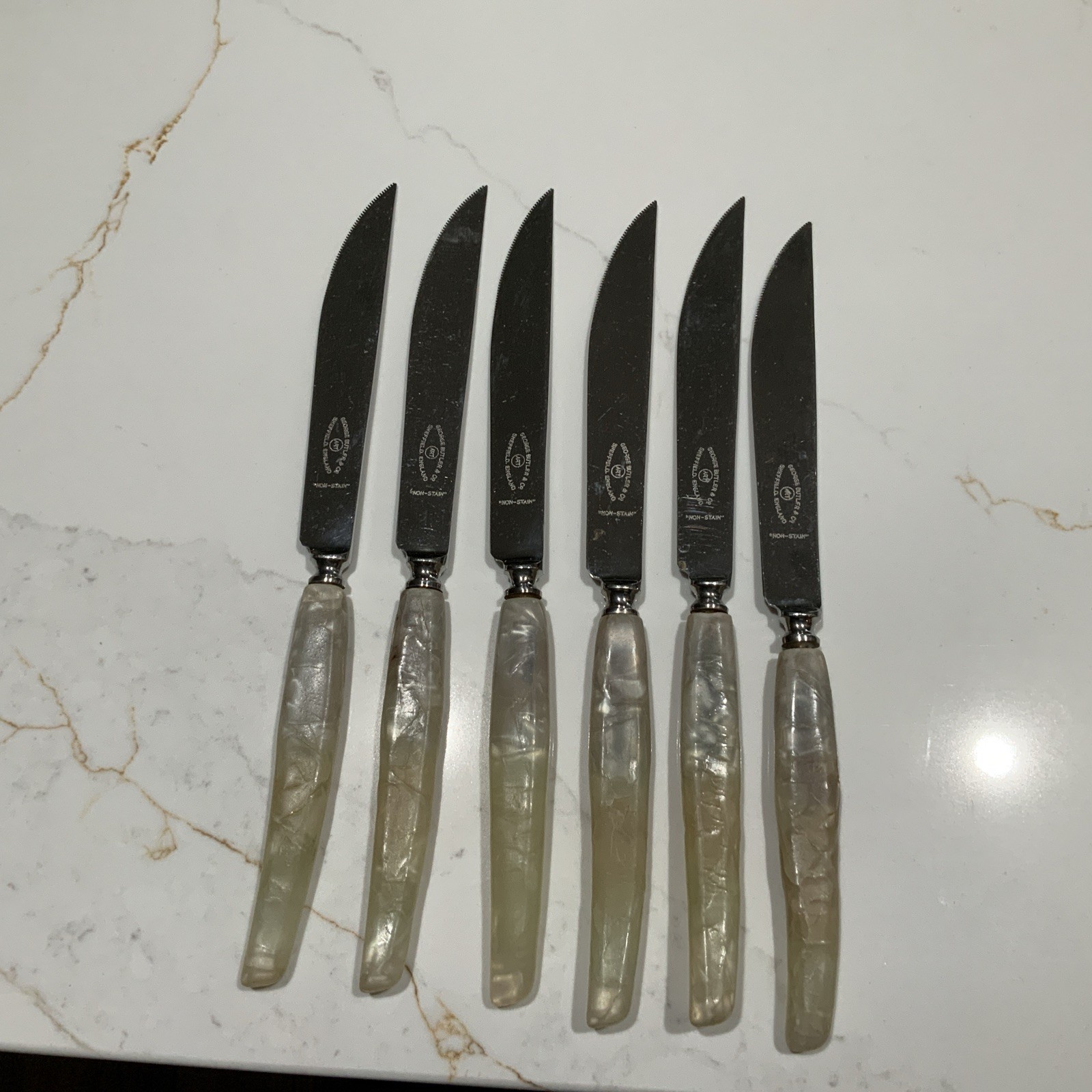 George Butler Sheffield England Stainless Steel Knives Set Of 6 Faux MOP Handles