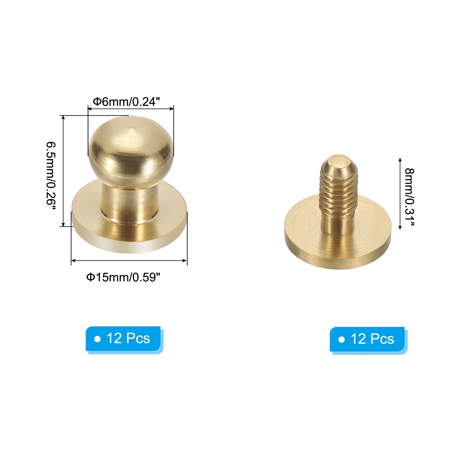 12 Pack 6*10.5*8mm Metal Button Spikes Rivets for Leather Round Head Brass
