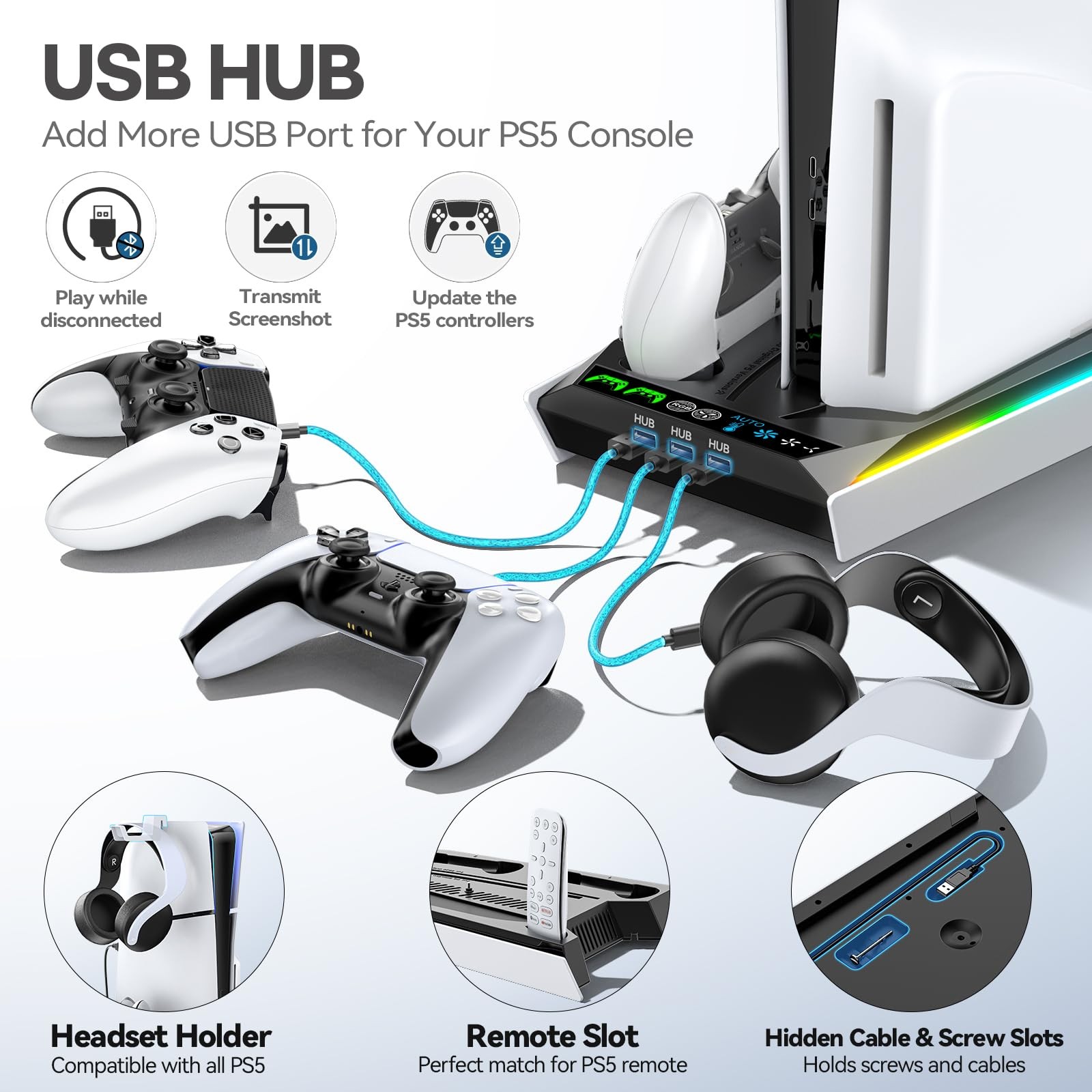 PS5/Slim/Pro Stand for Disc & Digital Console, PS5 Cooling & Black & White