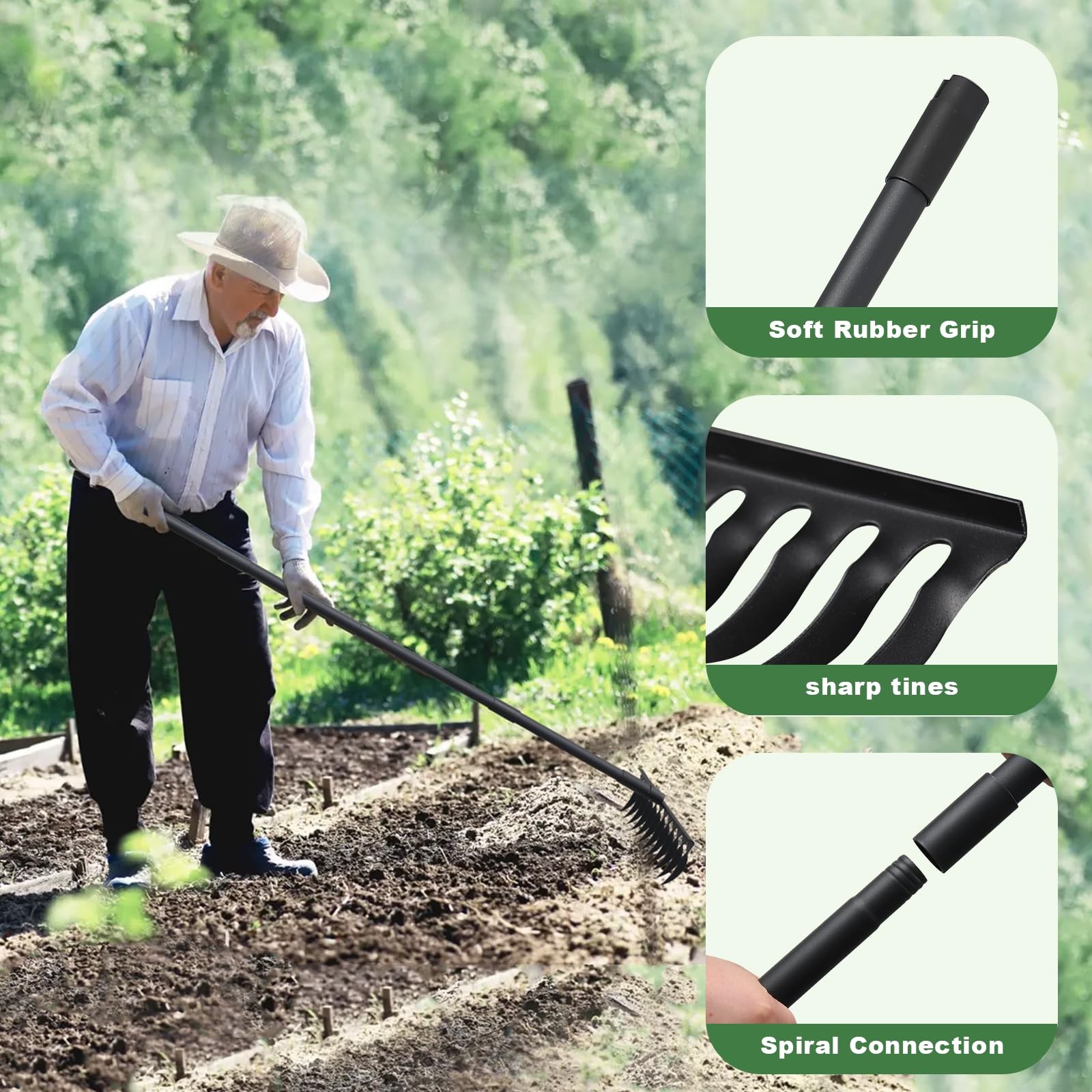 60" Bow Rake 12 Tines Metal Head Rakes with Adjustable Handle, Thatch Rake fo...