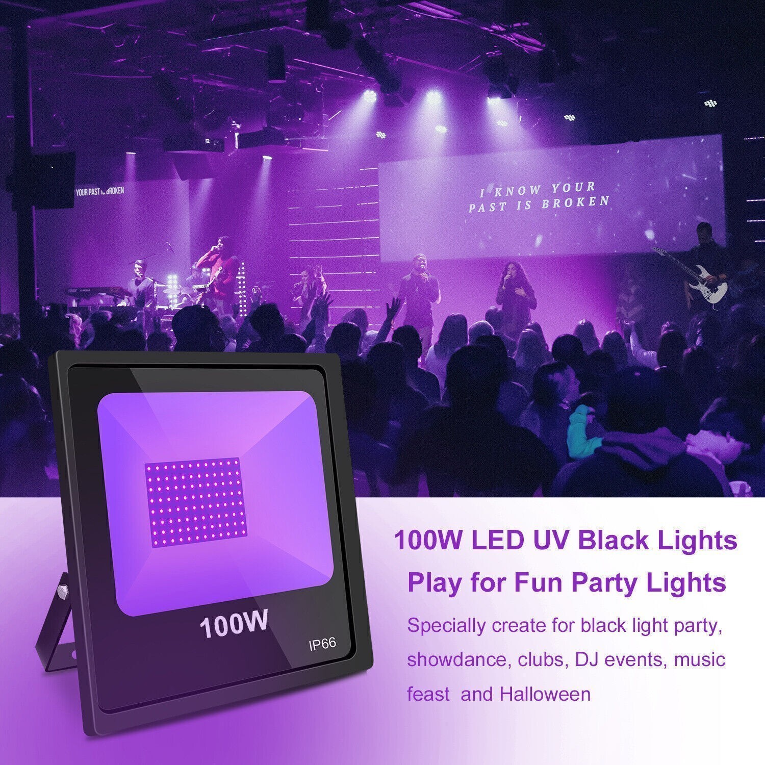 100W LEDUV Black Flood Lights Outdoor Garden with Plug for Glow Party Halloween