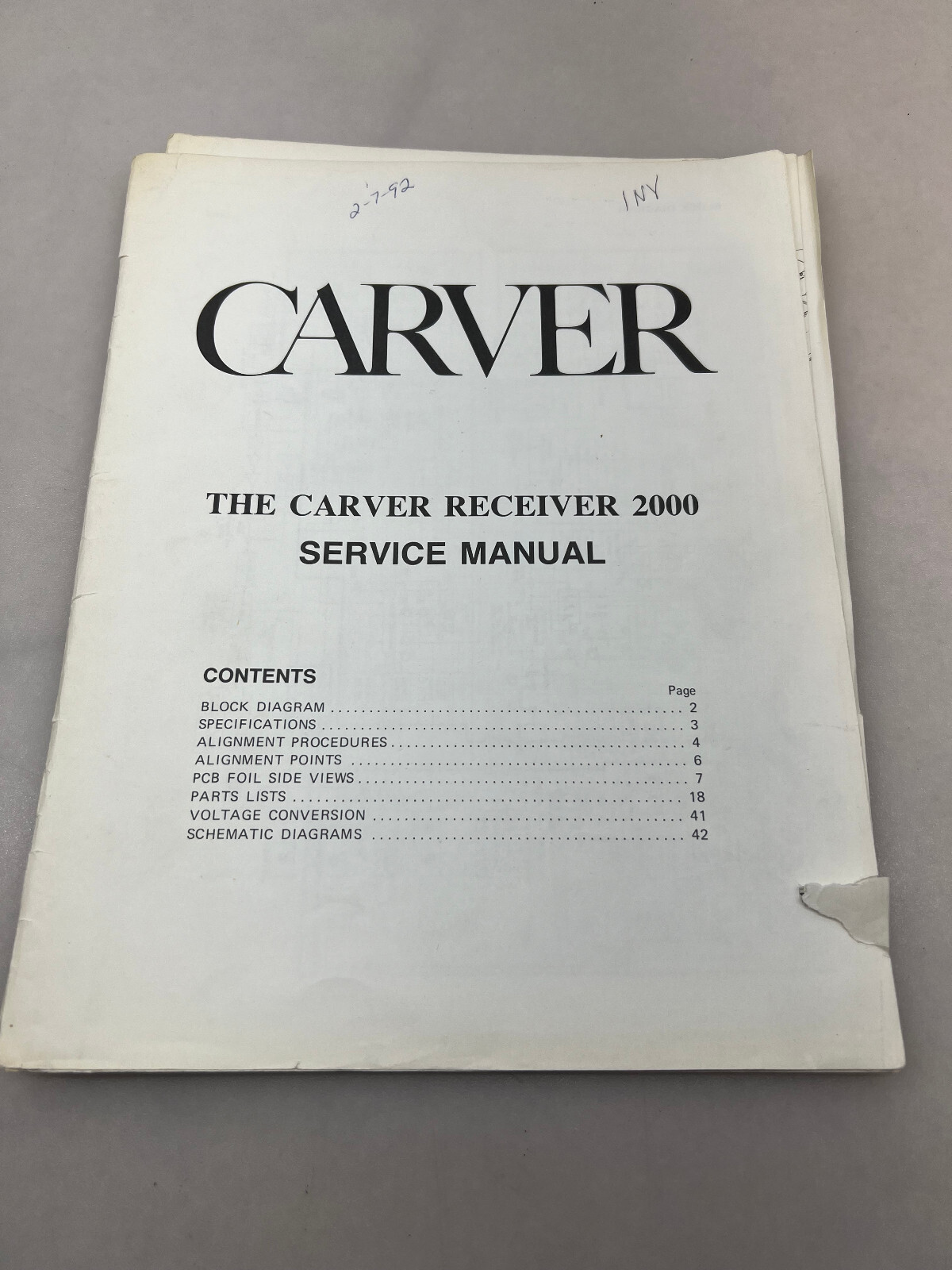 Carver 2000 Original Service Manual Free Shipping