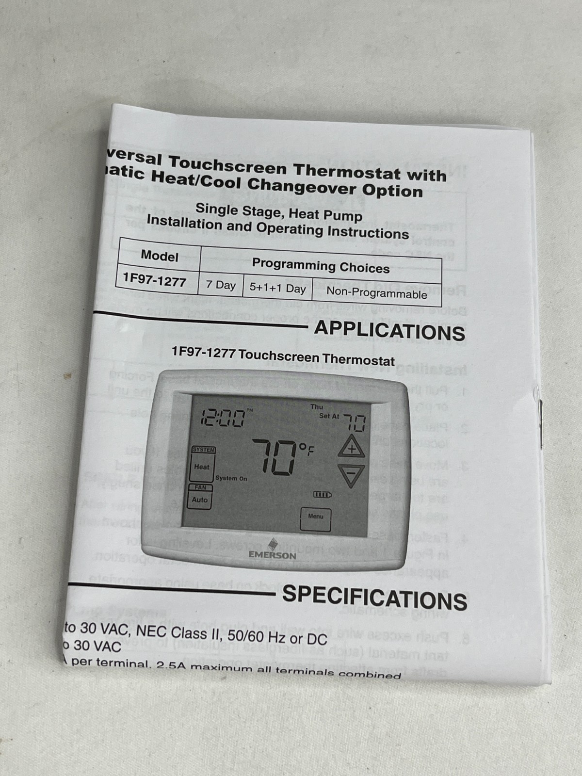 Emerson 1F97-1277 White Touchscreen 7-Day Programmable Thermostat