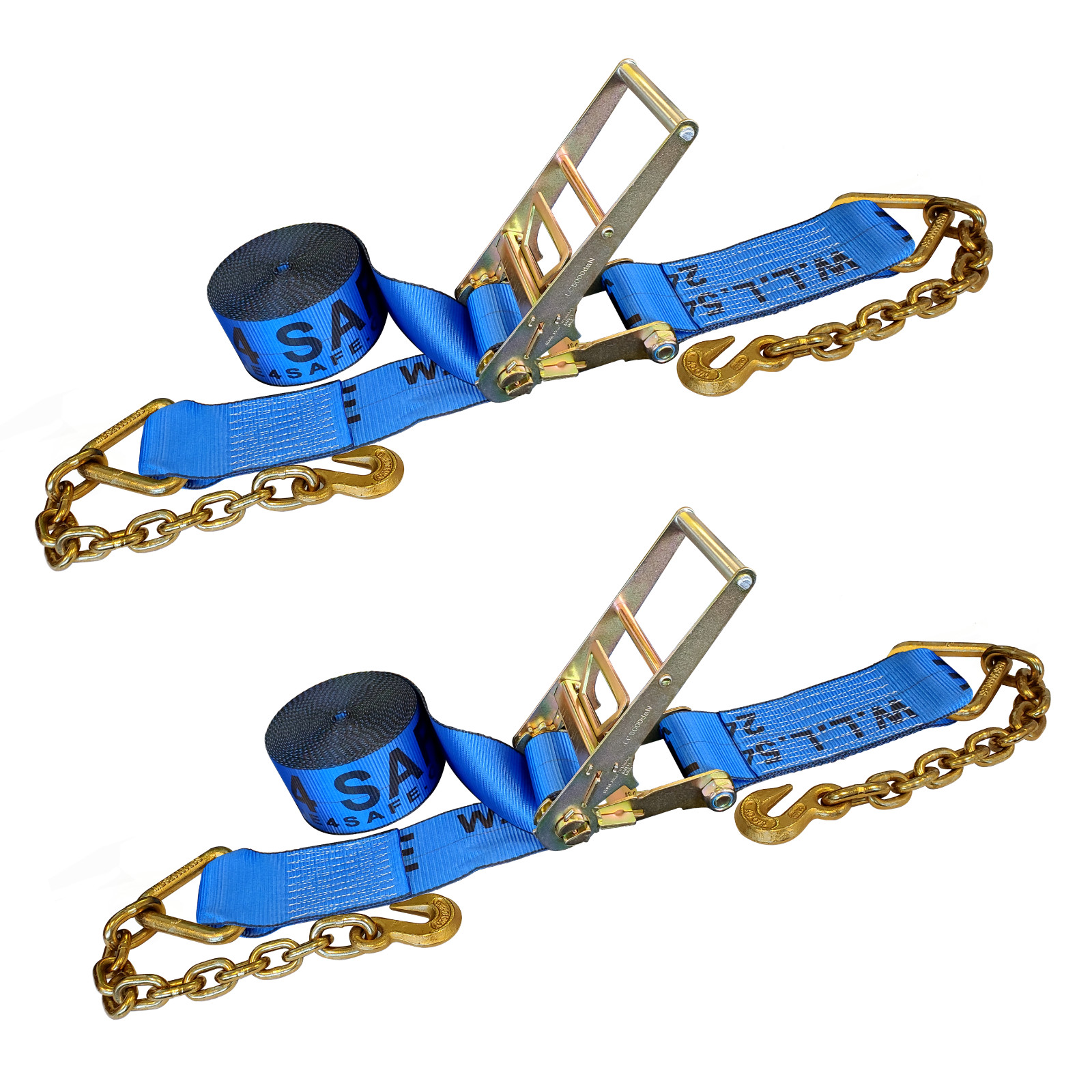 2 Pack USA 4" x 30' Ratchet Strap W/ Chain Extension Flatbed Truck Tie Down Blue