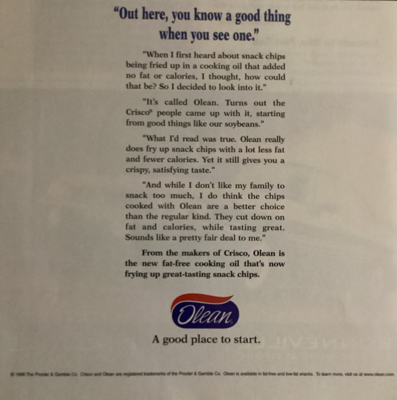 1998 Olean Cooking Oil Ad -(MP-132)