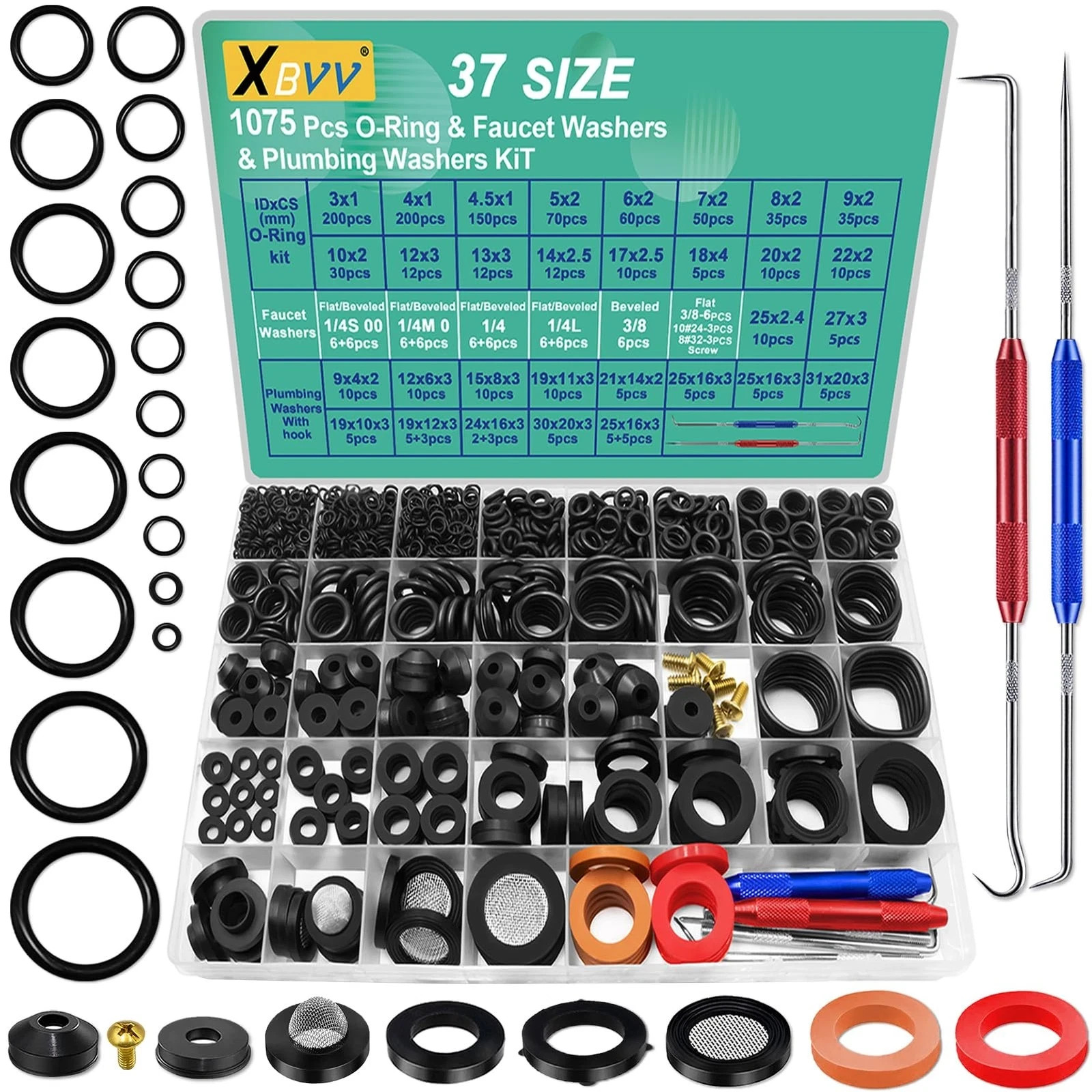 37 Size 1075 Pcs Faucet Washers & O-Rings Kit & Plumbing Gasket 3-in-1 Home