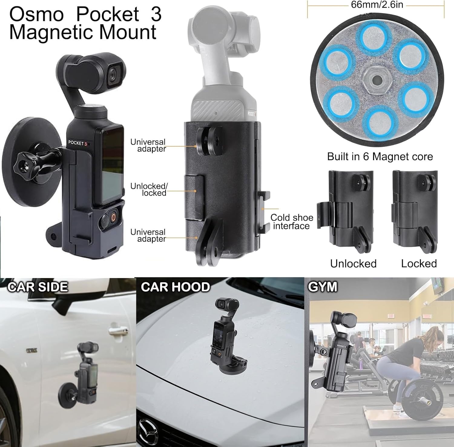 DJI Pocket 3 Accessory Bundle: 21pc Black Kit, Magnetic Mount, Selfie Stick