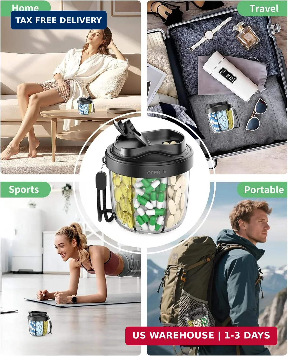 Pill Organizer,Pill Dispenser with 7 Large Compartments,Portable Pill Bottle Box