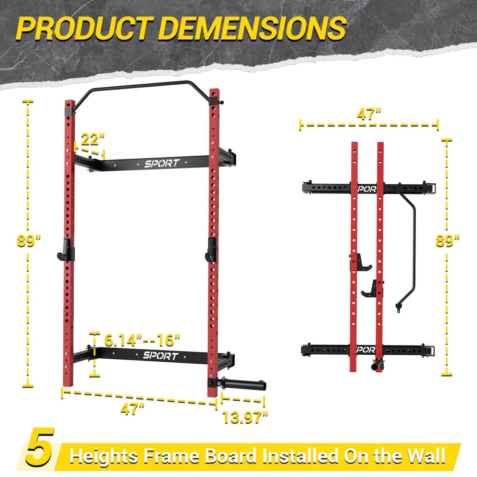 Gravee Folding Wall Mounted Squat Rack Multi-Function Power Rack 1000LBS Load