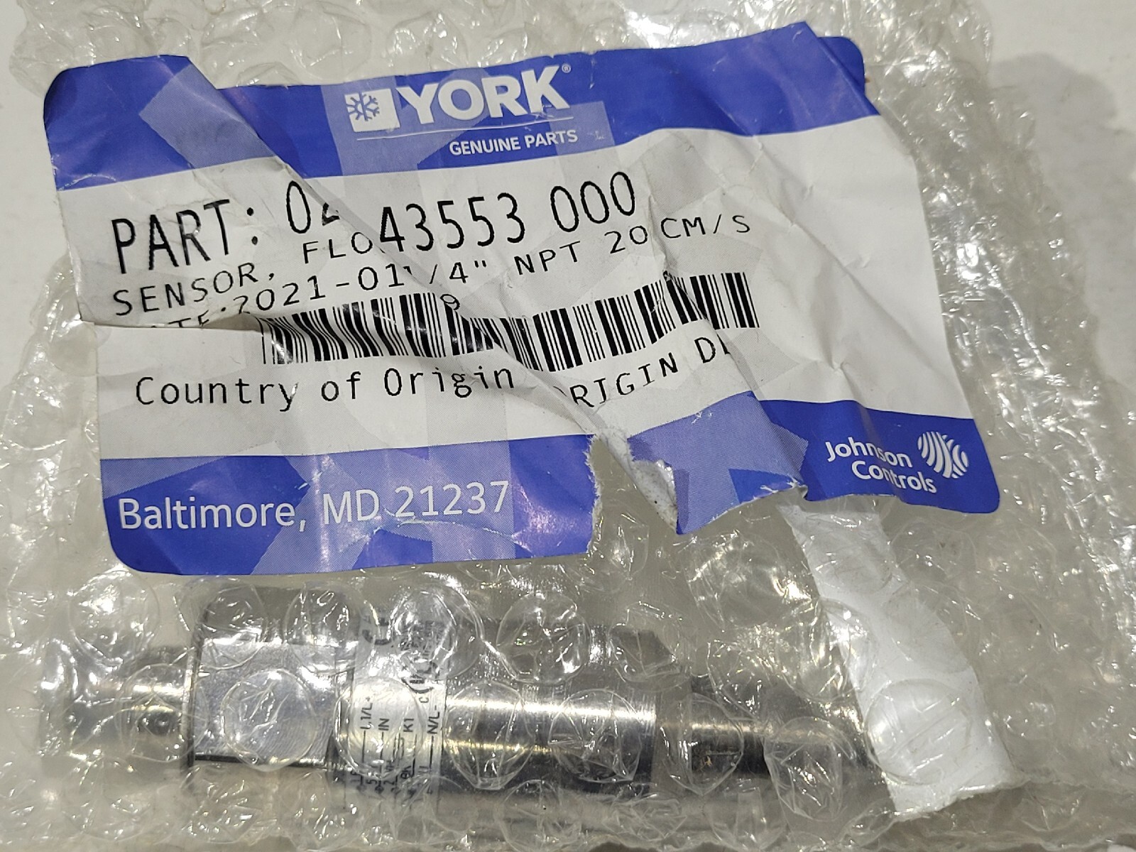 YORK 02543553000 Flow Sensor 1/4" 20CM/S  Genuine