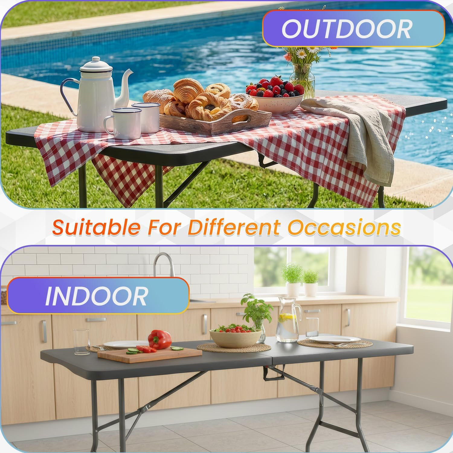 6FT Folding Table, Portable Fold-In-Half Plastic Picnic Party Table with Carryin