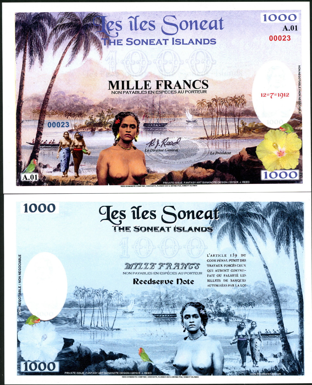 HUGE SONEAT ISLANDS 1000 FRANC FANTASY ART NOTE NUDE LADIES LUSH TROPICAL SCENE!