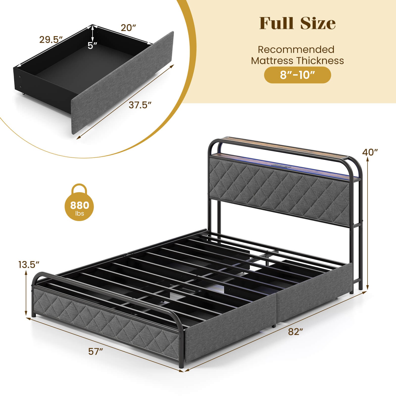 Full Size Bed Frame with LED Lights & Charging Station Storage Headboard