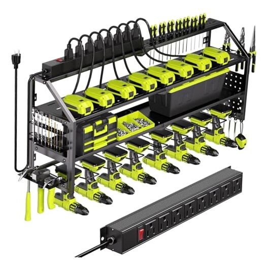 Power Tool Organizer Wall Mount with Charging Station, 8 Drill Holder 8 Slots