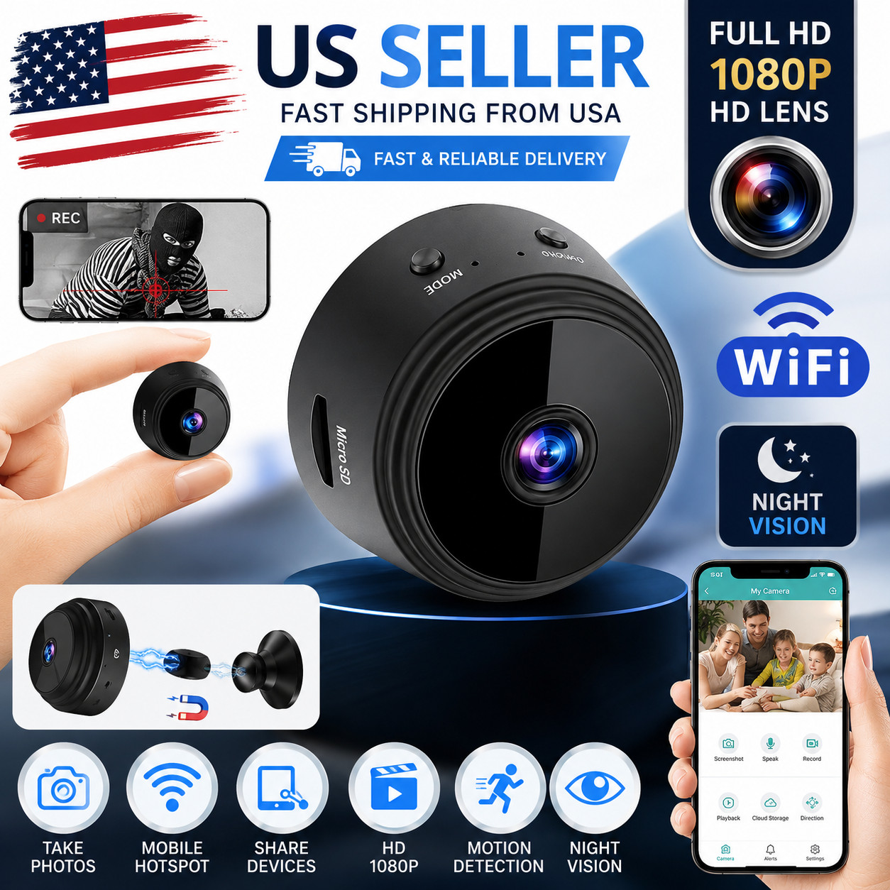 Mini Wireless Record Camera WiFi IP Home Security DVR Night Vision HD USB 1080P