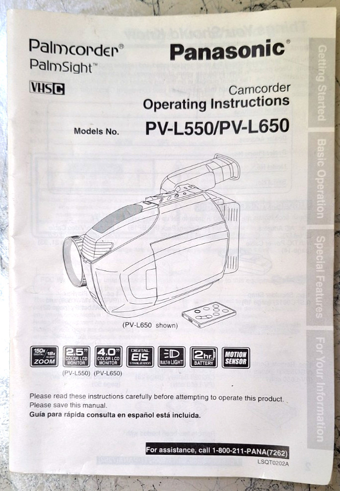 Panasonic Camcorder Manual Only - PV-L550/ L650 Operating Instructions