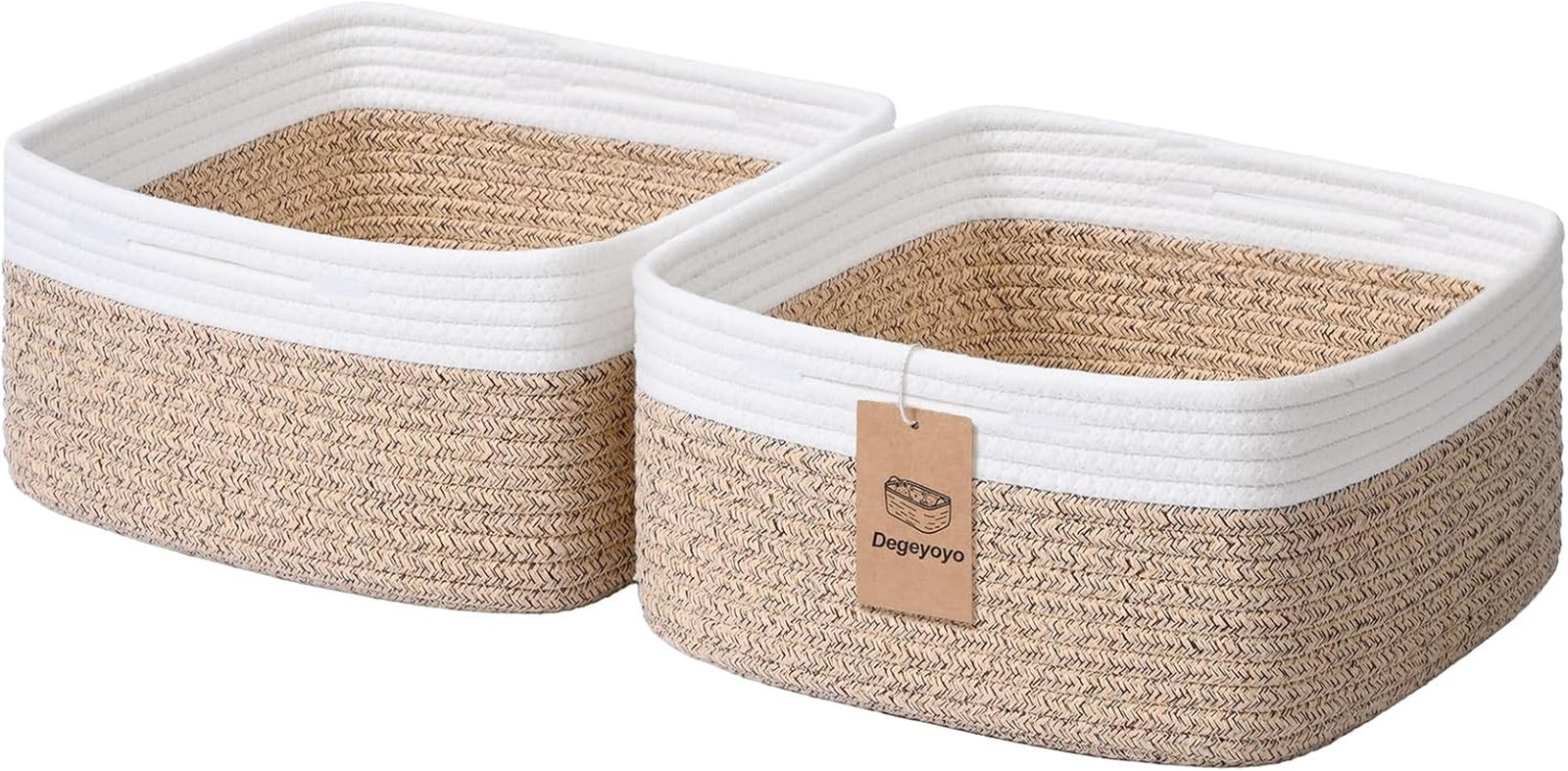Storage Baskets for Shelves, 2 Pack Shallow Basket - 10.5" x 10.5" x 5.5", Rope