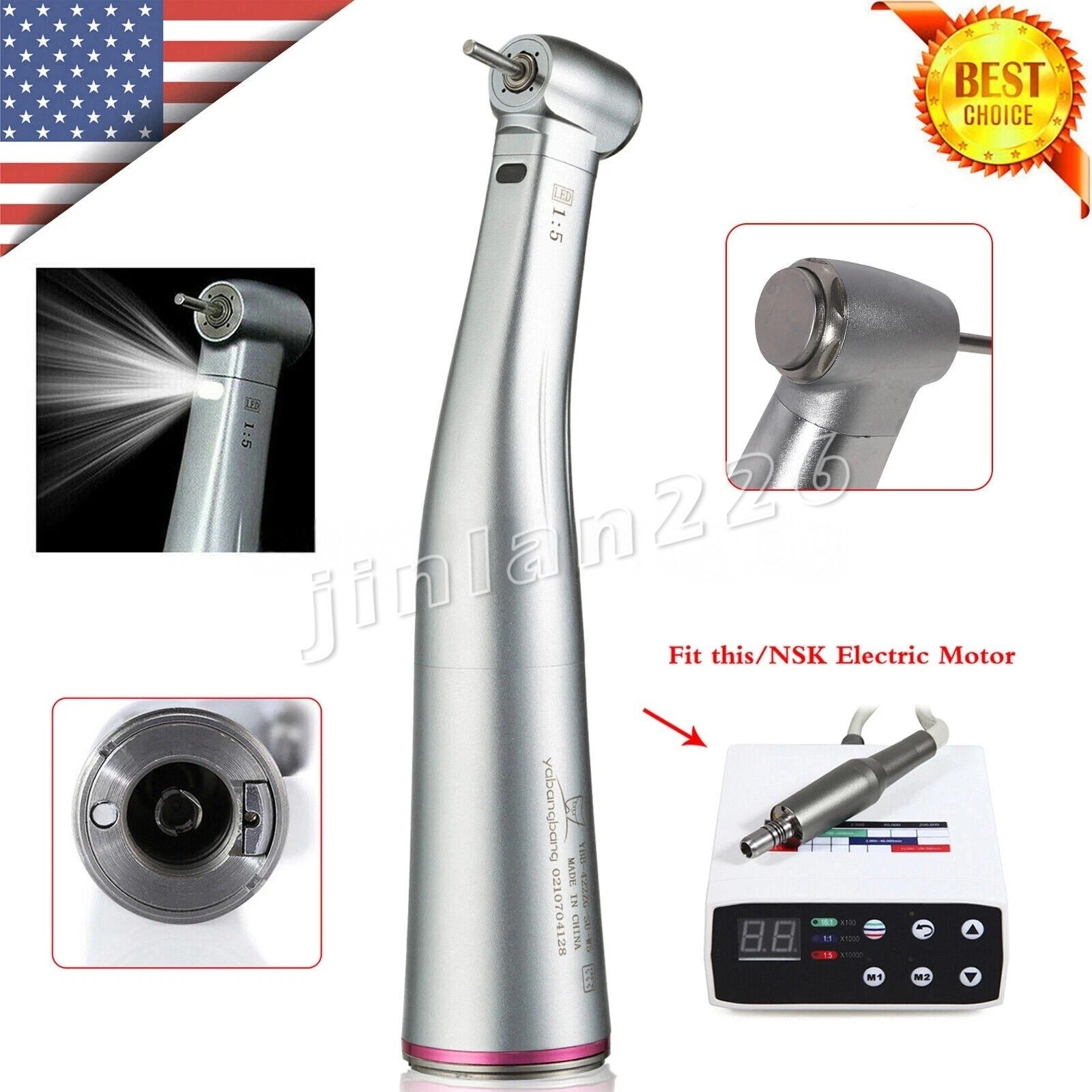 Yabangbang LED Dental Electric Handpiece 1:5 Contra Angle Fiber Optic High Speed