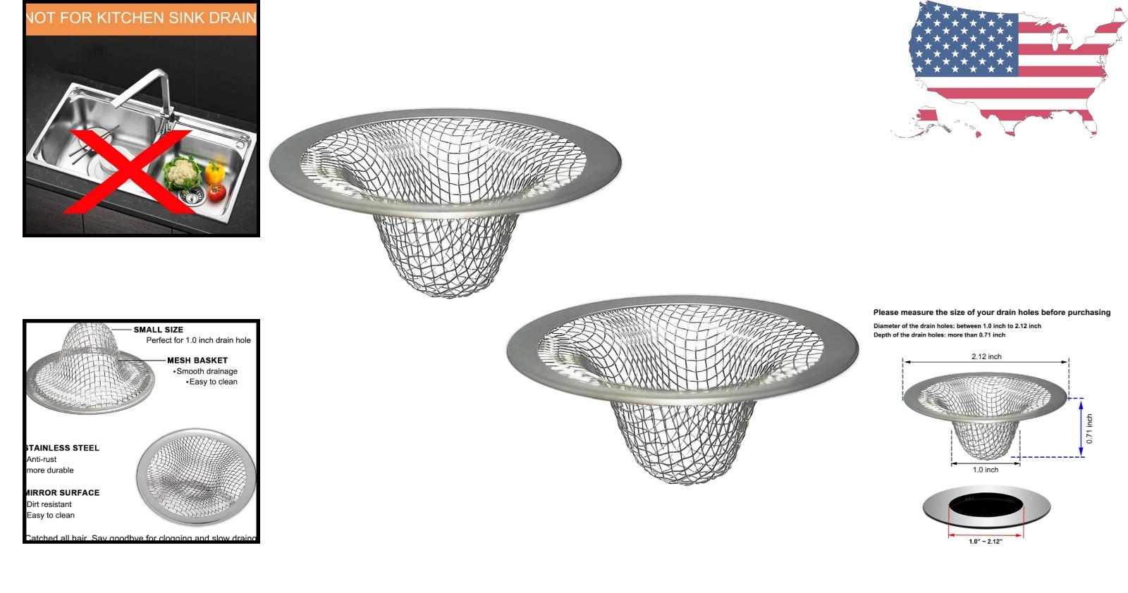 Compact Drain Strainer Baskets - 2-Pack, 1.0 Inch for Laundry and Utility Sinks