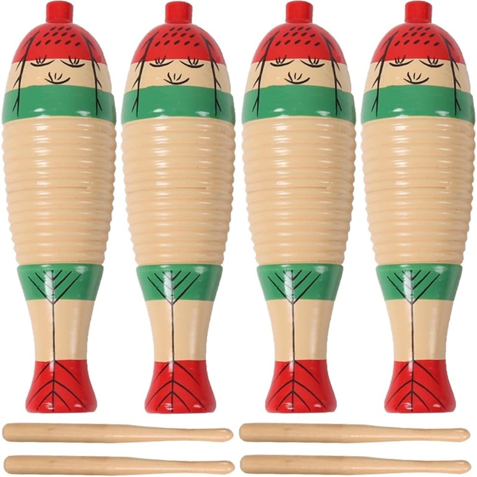 Four Pack Wooden Fish Shaped Guiro Percussion Instruments with Rhythm Sticks for