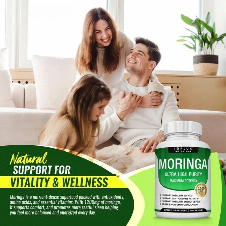 TOPLUX Moringa Capsules 1200mg Pure Moringa Powder Immune Gut health 90 Capsules
