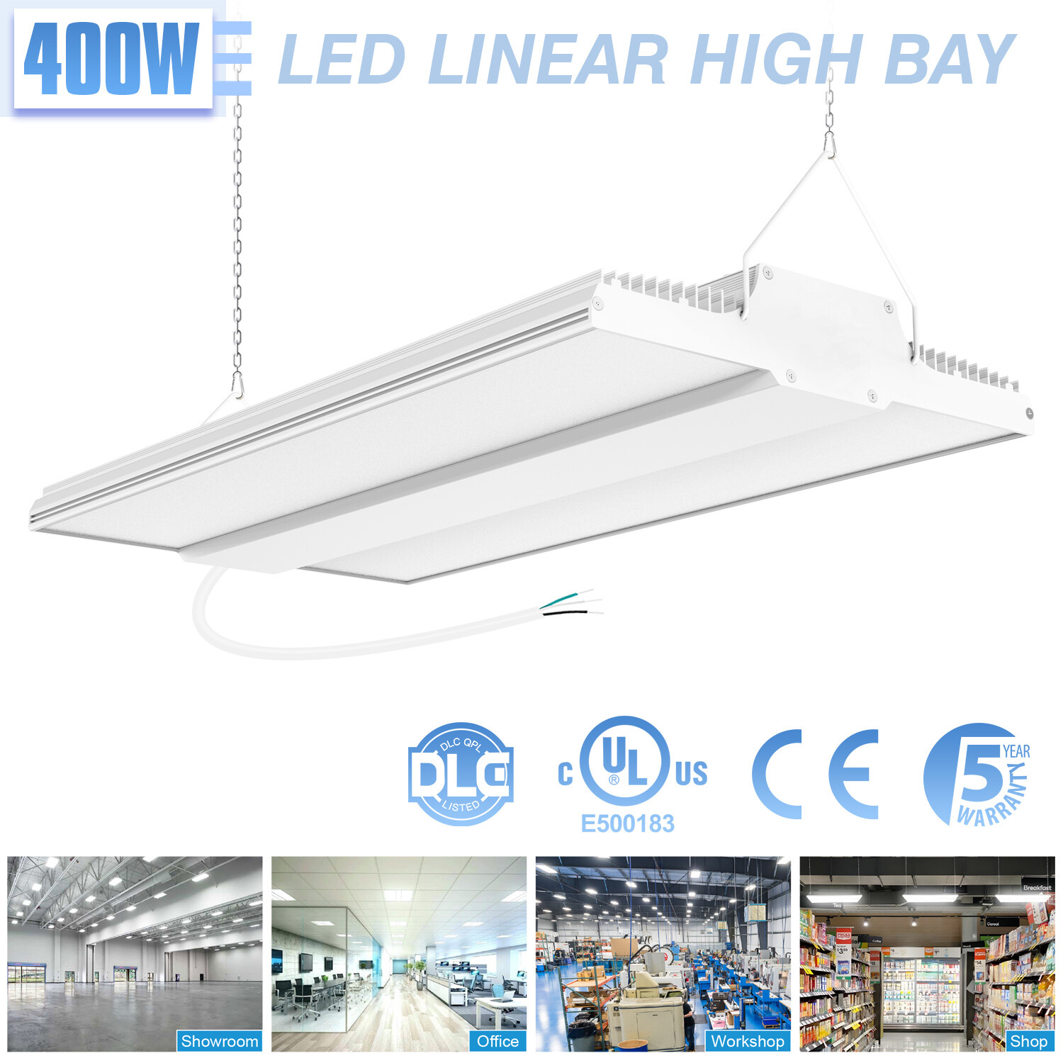 400W LED Linear High Bay Light 60000Lumens Commercial Shop Light DLC UL Listed