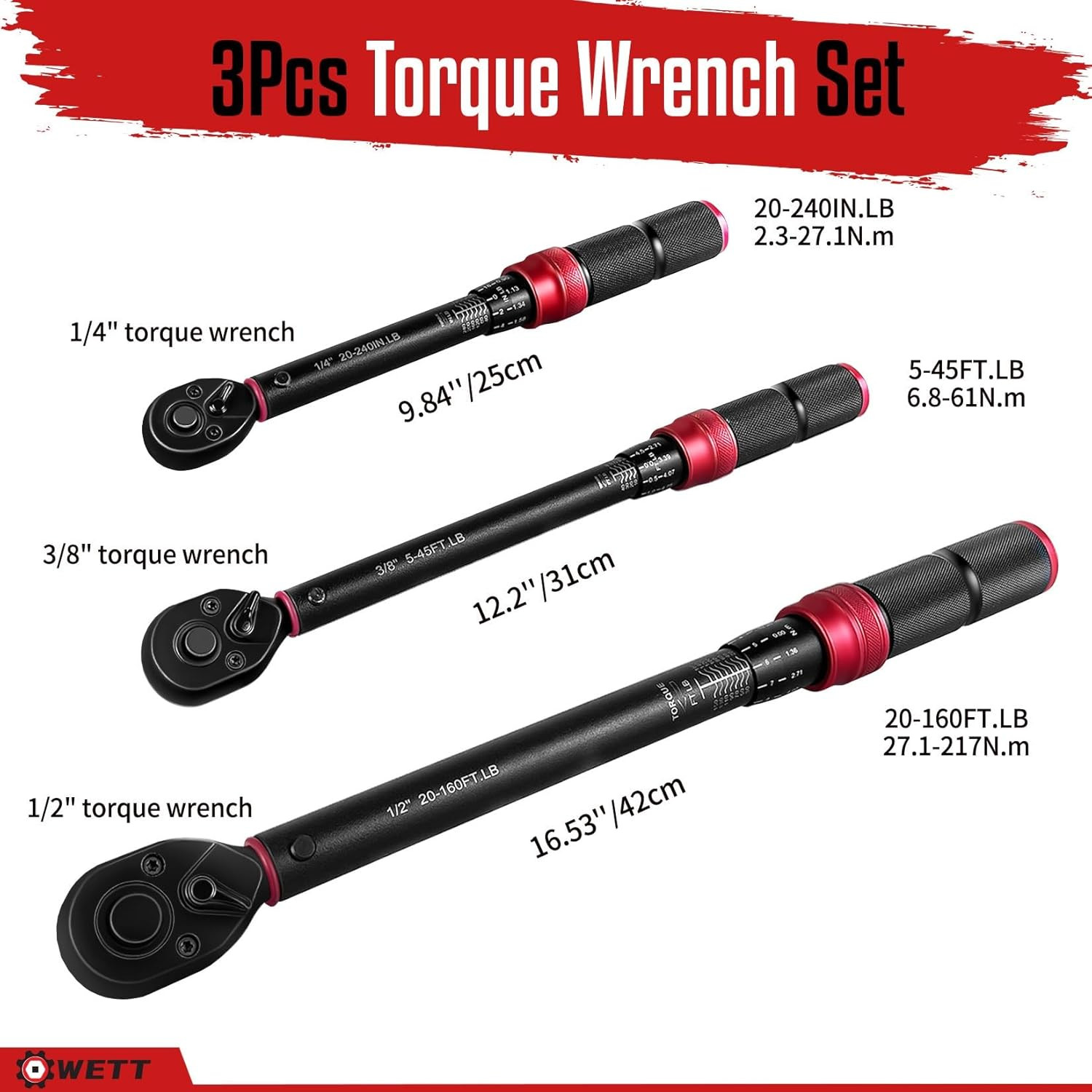 3 Pcs Torque Wrench Set, 1/4'' & 3/8'' & 1/2'' Drive Click Torque Wrench, Dual