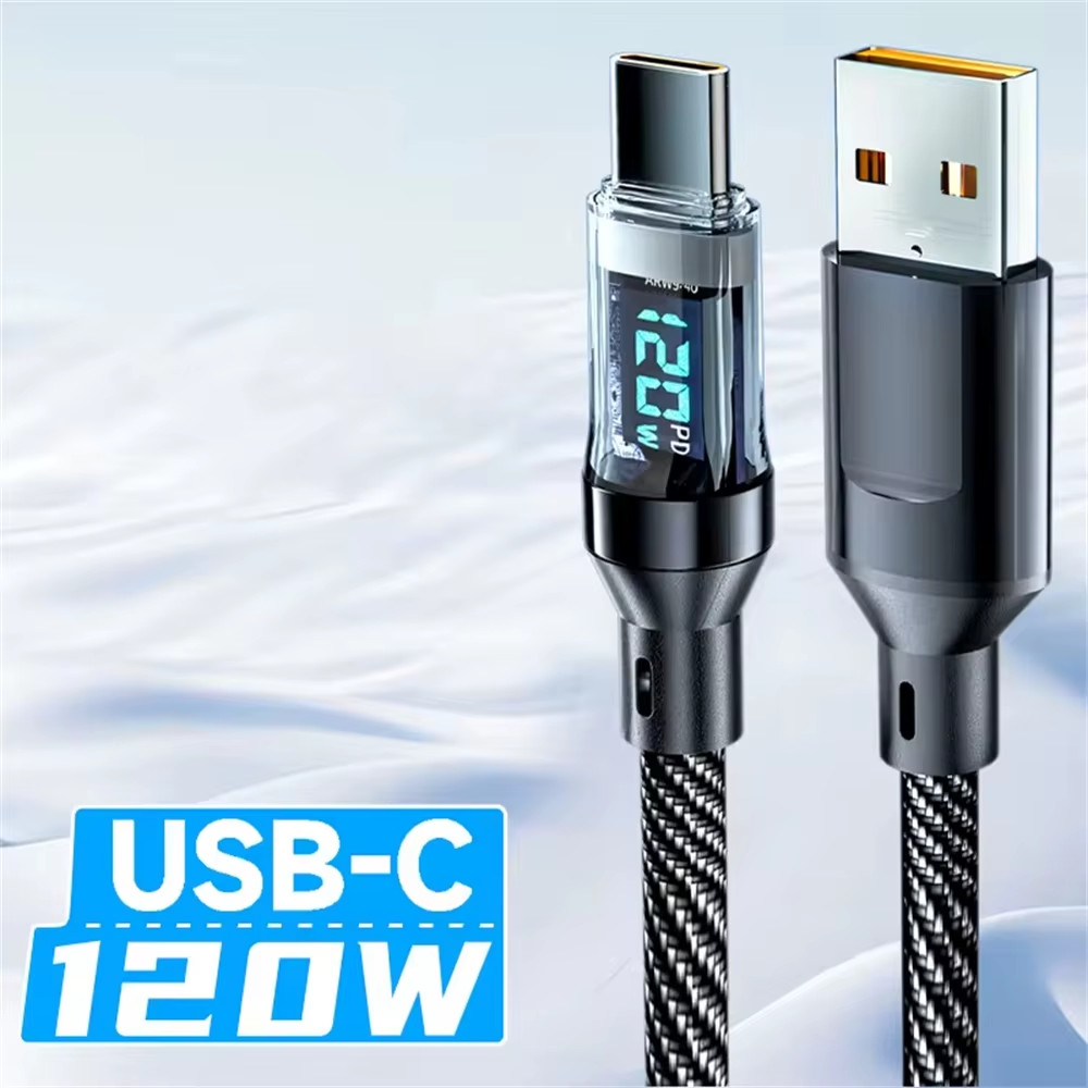 120W USB-C Fast Charging Cable LED Display Data Transfer 1M/2M Android USB-A