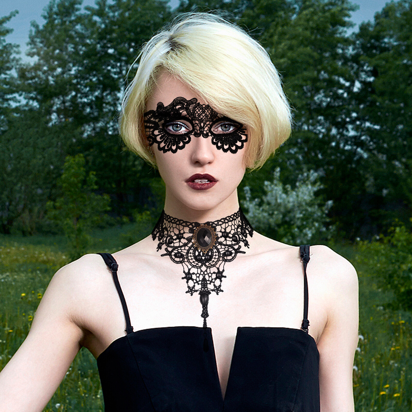 6pcs Masquerade Costume Set Lace Mask Choker Necklace Gloves Halloween Cosplay