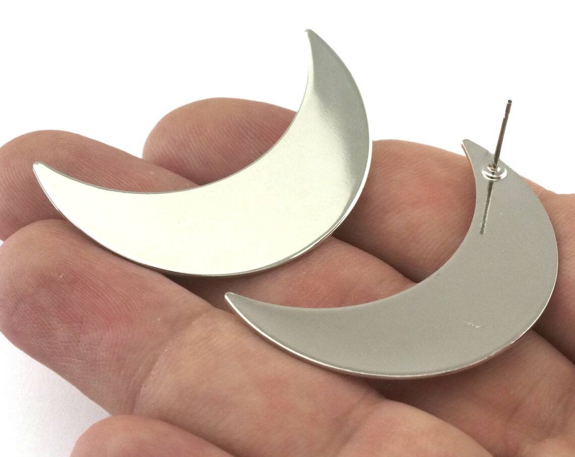 1 pair Crescent Earring Stud Post Silver Tone (Nickel Free) Plated Brass 2491