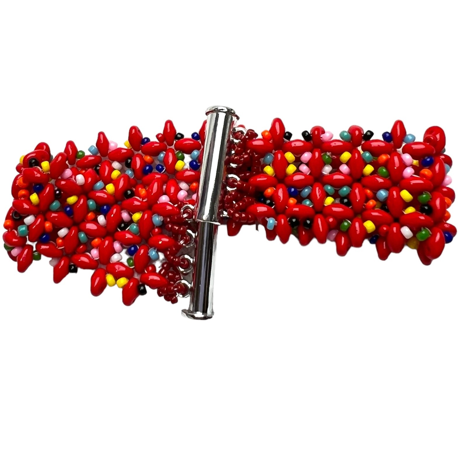 HANDMADE. Red ‘Confetti’ Woven Bracelet 7”