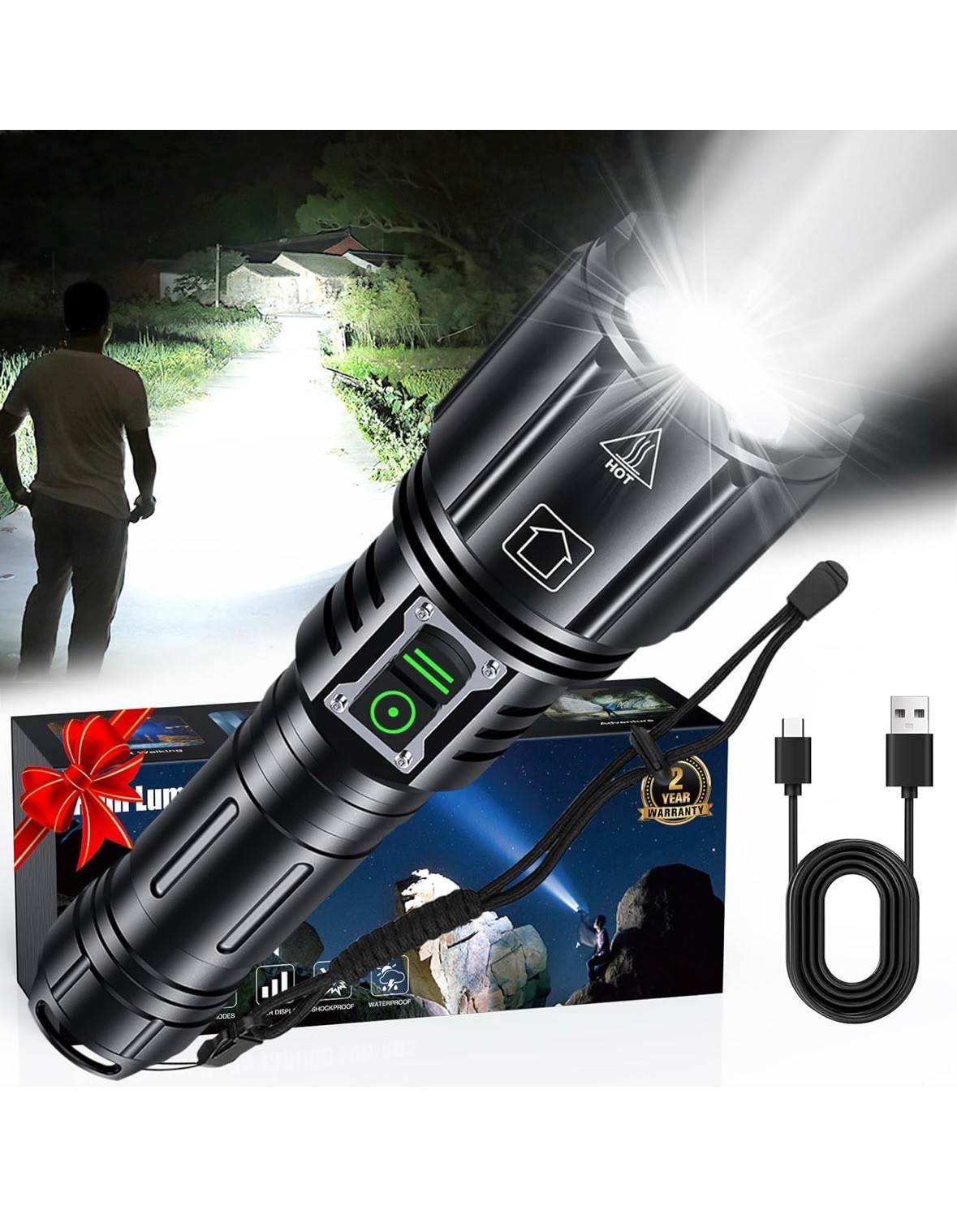 50000000 Lumens Super Bright LED Tactical Flashlight Rechargeable LED Work Light