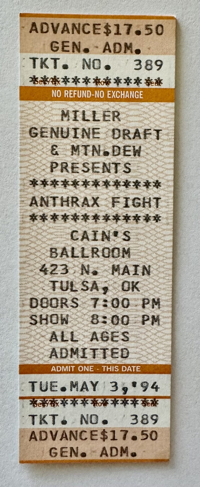 Anthrax Fight Concert Ticket 1994 Tulsa, OK