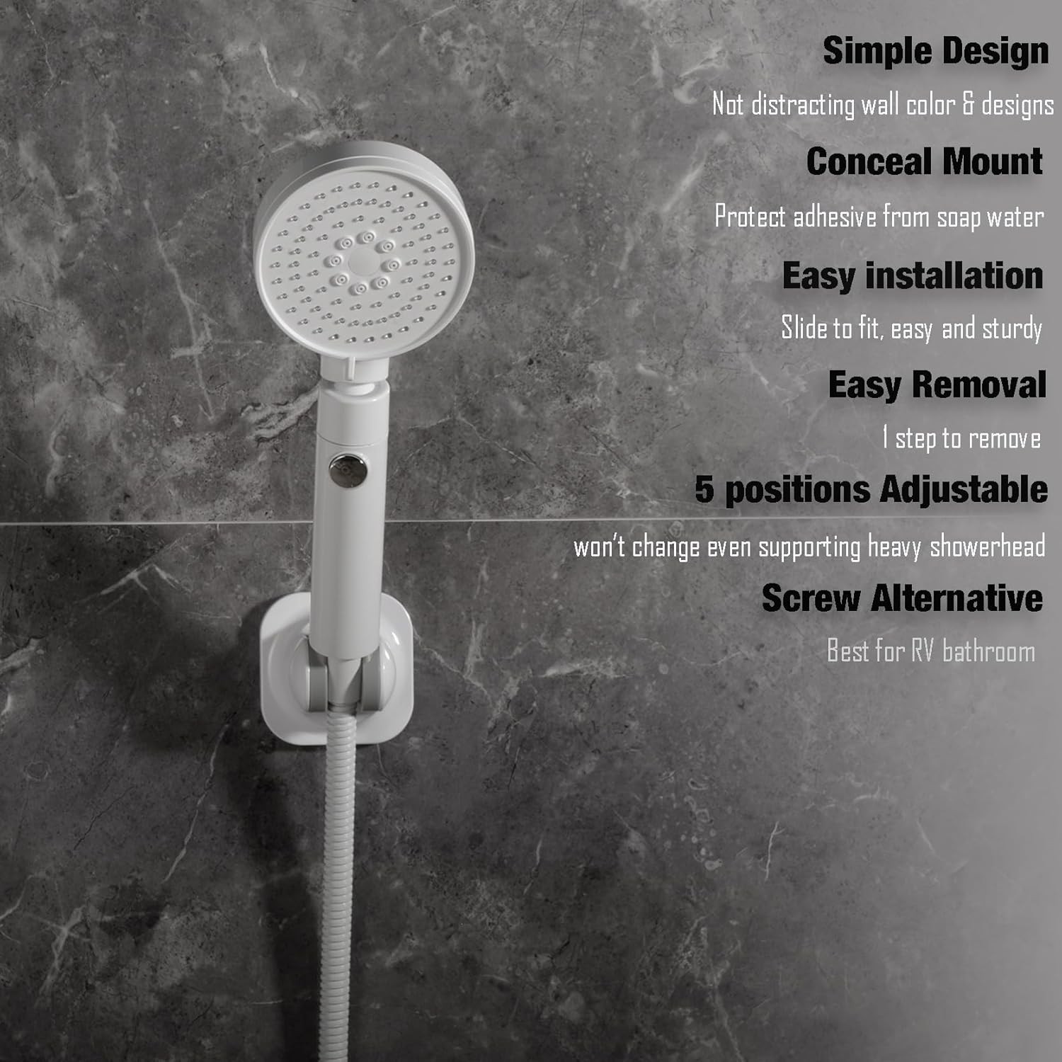 Handle held Shower Head Holder - 5 Positions Adjustable - Gloss White