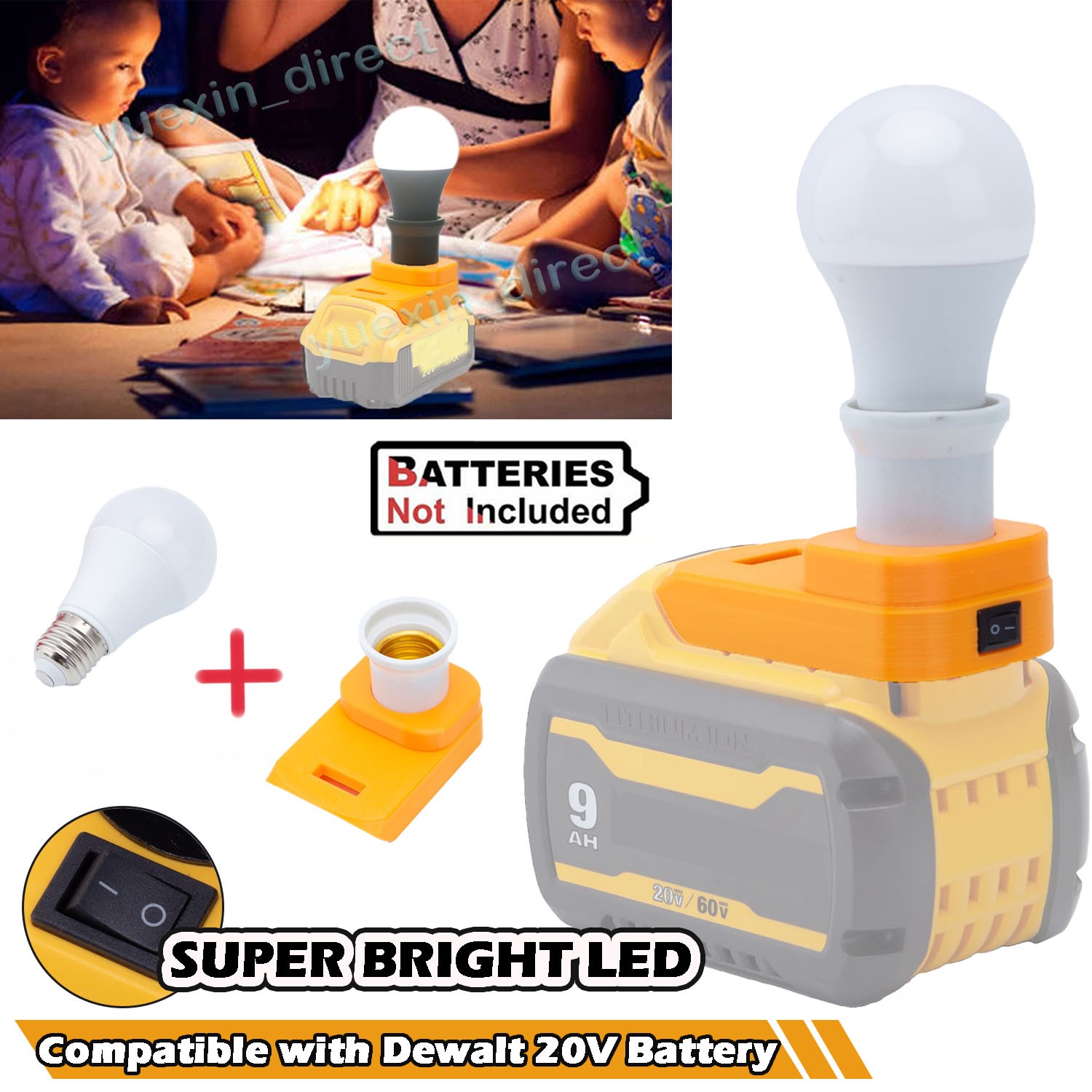 Portable LED Work Light For Dewalt 20V Lithium Battery E27 Bulb Lamp Cordless US